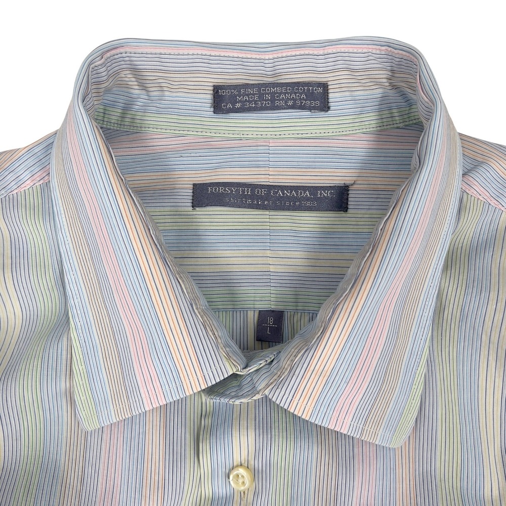 Forsyth of Canada Mens L Striped Long Sleeve Button Up‎ Shirt 18 Neck 100 Cotton